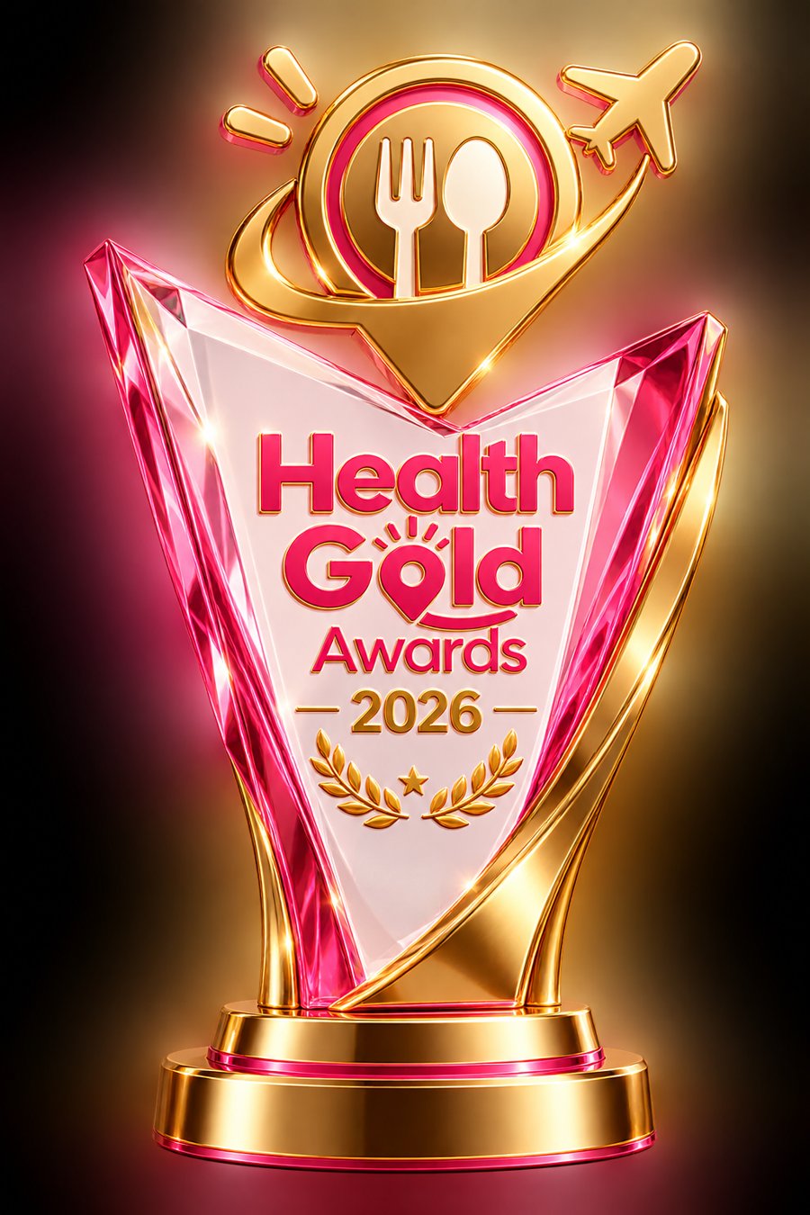 Cúp Health Gold Awards 2026 bằng pha lê hồng và vàng